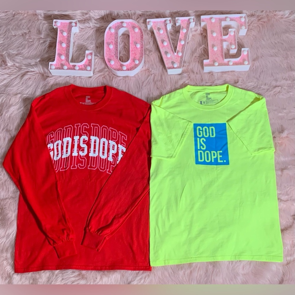 God Is Dope Women's Long & Short Sleeve Tees - Red and Neon Green 2 Pack
